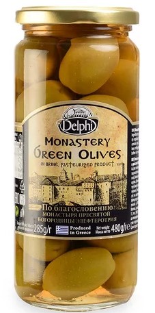 Оливки с косточкой в рассоле Монастырские DELPHI 480г ст/б