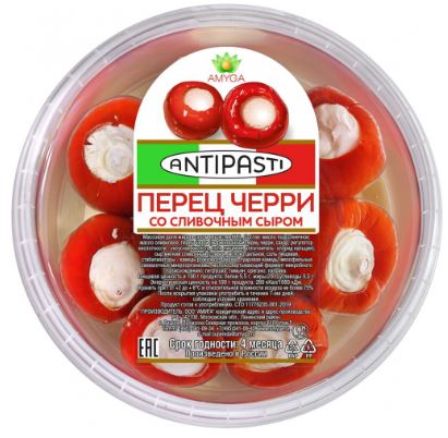 Овощи фаршированные - Antipasti: Перец Черри со сливочным сыром и пармезаном т.м..Амига 250 г