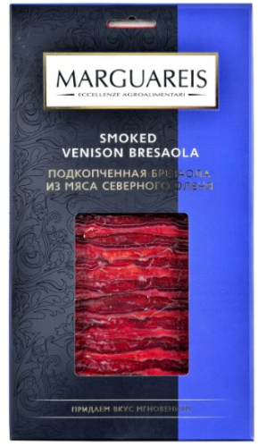 Мясное изделие Подкопченная брезаола из мяса северного оленя нарезка т.м.MARGUAREIS 30 г