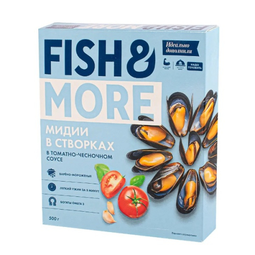 Мидии в томатно-чесночном соусе т.м.Fish & More 500г в/м
