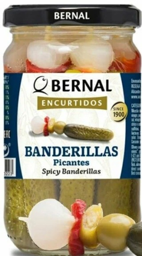 Закуска Bаnderillas. острая (красный перец, оливки, лук и марин. огурчики) Bemal. стекло 300г