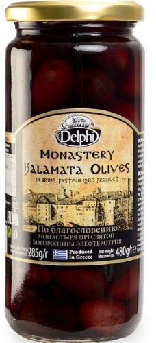 Маслины Каламата с косточкой в рассоле Монастырские DELPHI 480г ст/б