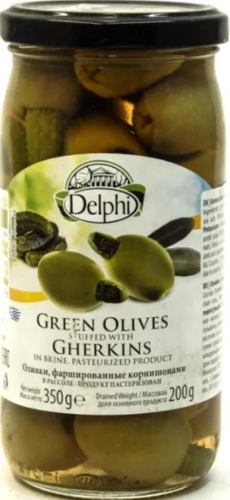 Оливки фаршированные корнишонами в рассоле DELPHI 350г